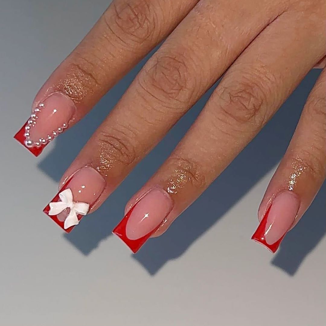 Red French Water Pipe Bow Nails, Removable Nail Art Patches