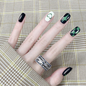 Dark Edgy Green-Black Checkerboard Nails - Wholesale (24-Piece)