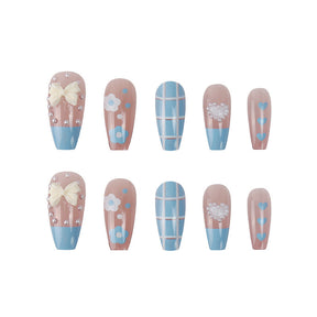 Blue Plaid Flower Ballet Fall Nails: Pearl Heart Bow French Nail Tips