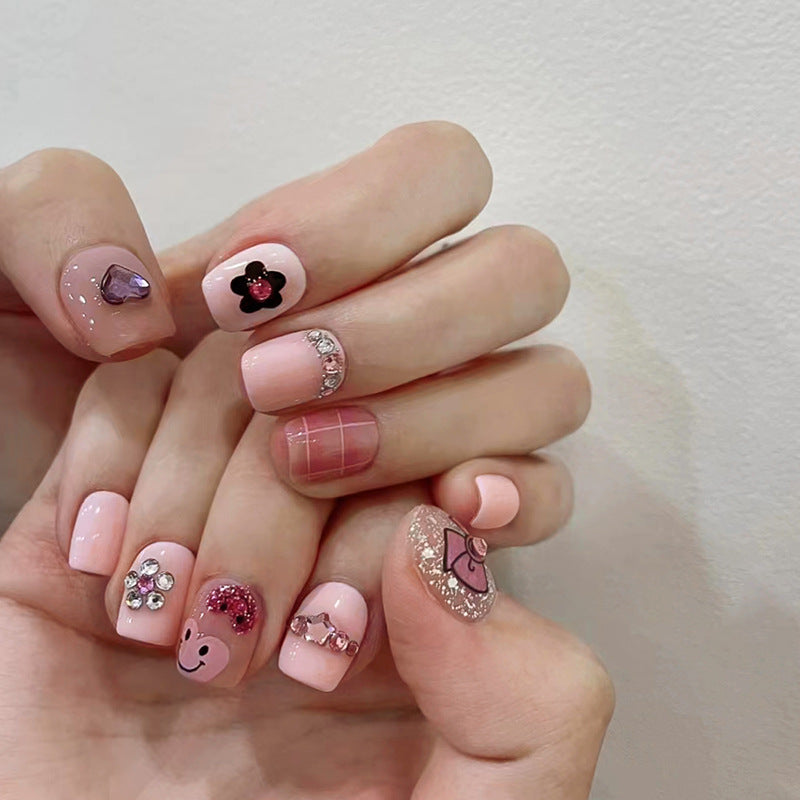 Cute Smiling Face Bow Check Fall Nails, Heart Flower Diamond Nail Patches