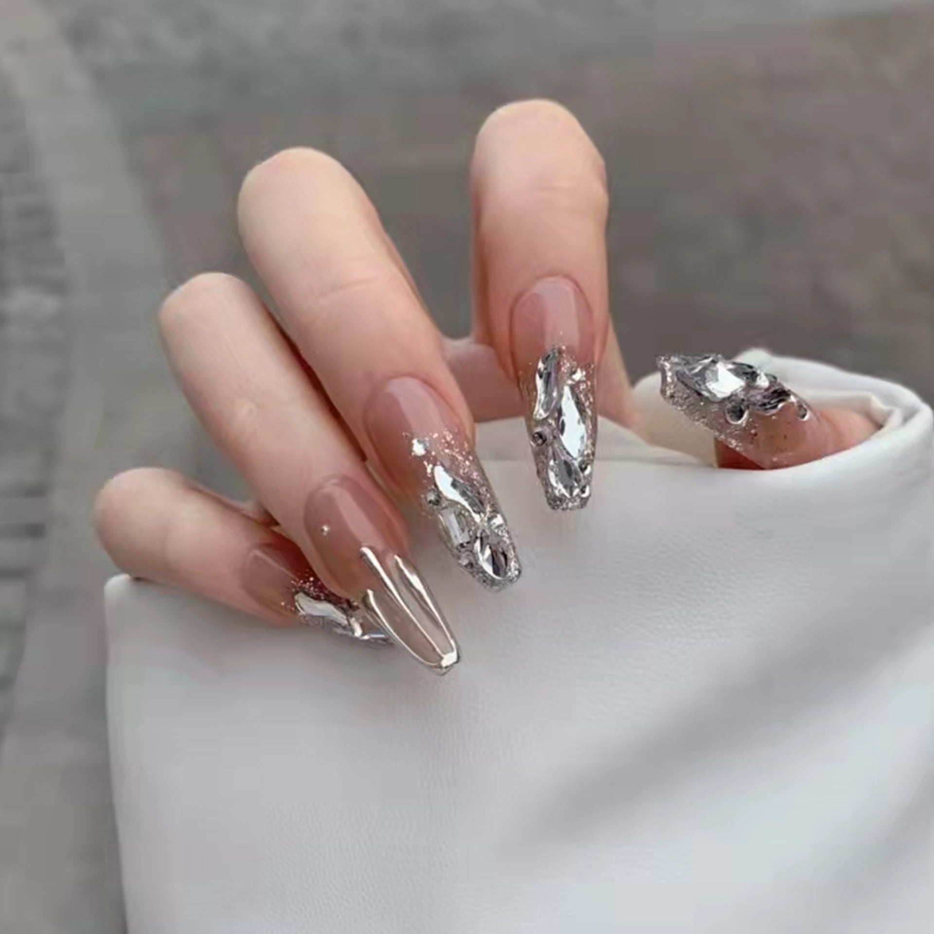 Nude Sparkling Diamond Long Removable Nail Tips