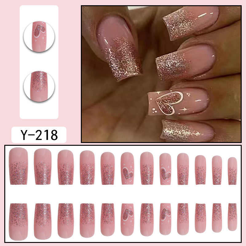 Square Gradient French Nail Extensions with Sparkle Hearts