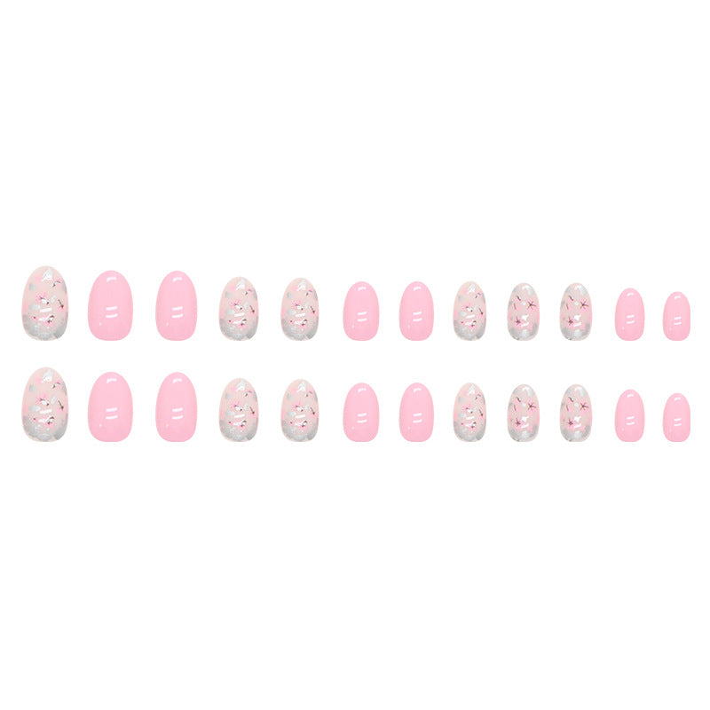 Cute Short Oval Floral Nails Pink Tender Fashion Sweet Girl Fake Nails