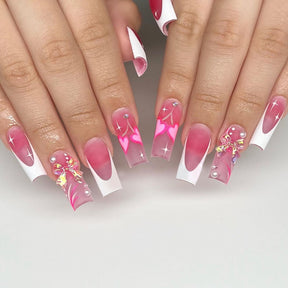 Pink Aurora Butterfly Bow Pearl Nail Wraps with White French Edge for Fall Nails