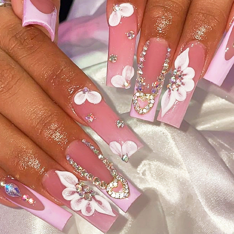 Long Water Pipe French Style Heart Diamond Petal Nail Extensions