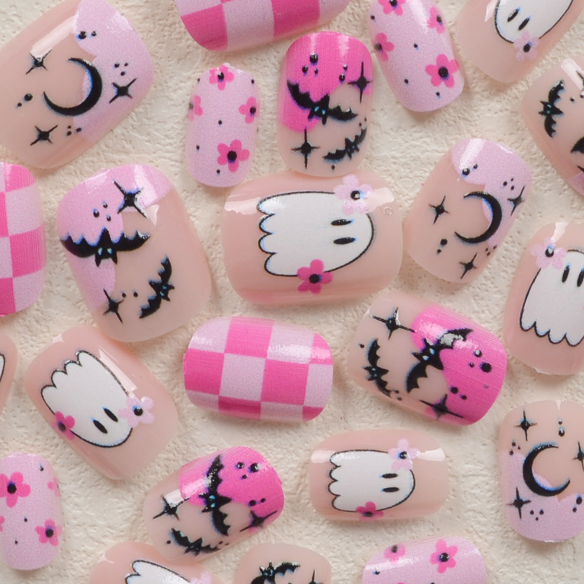 Pink Ghost Bat Halloween Nails, 24pcs Removable and Adorable