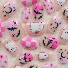 Pink Ghost Bat Halloween Nails, 24pcs Removable and Adorable