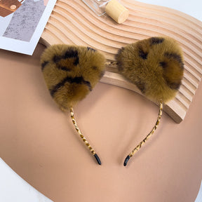 Cute Real Rabbit Fur Cat Ear Headband - Leopard Print