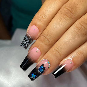 Black Gradient Medium-Length Ballet Nails, Mysterious Butterfly Design