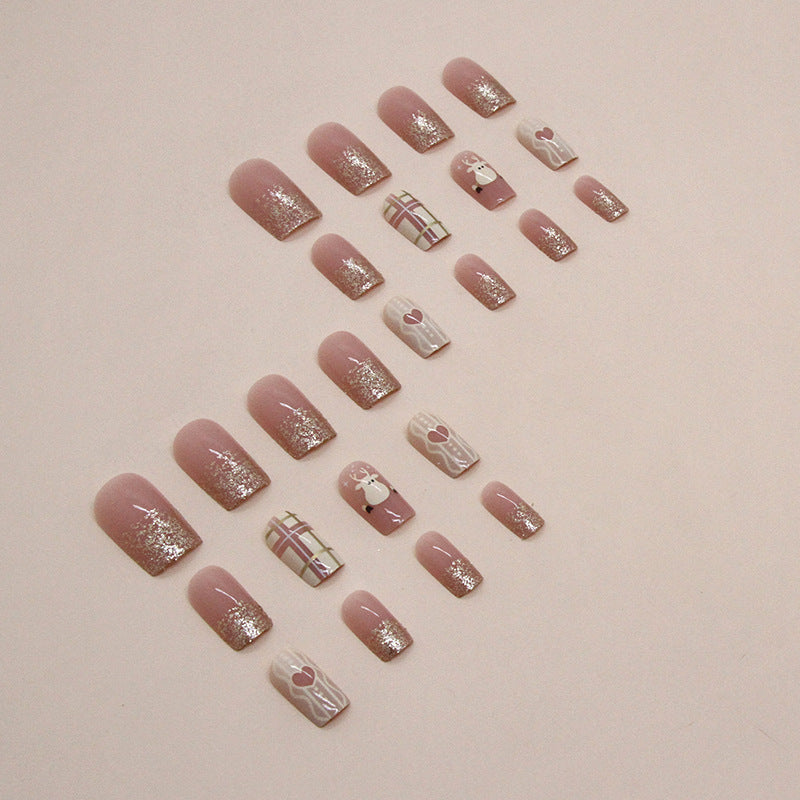 Cute Shimmer Mid-Length Deer Nails, Heart Check Pattern