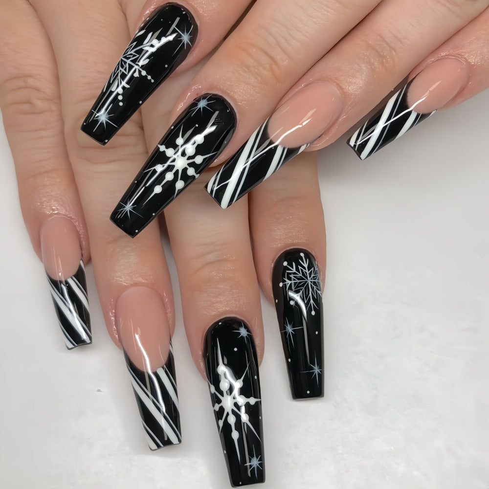 Christmas Black & White Stripe Snowflake Press-On Nail