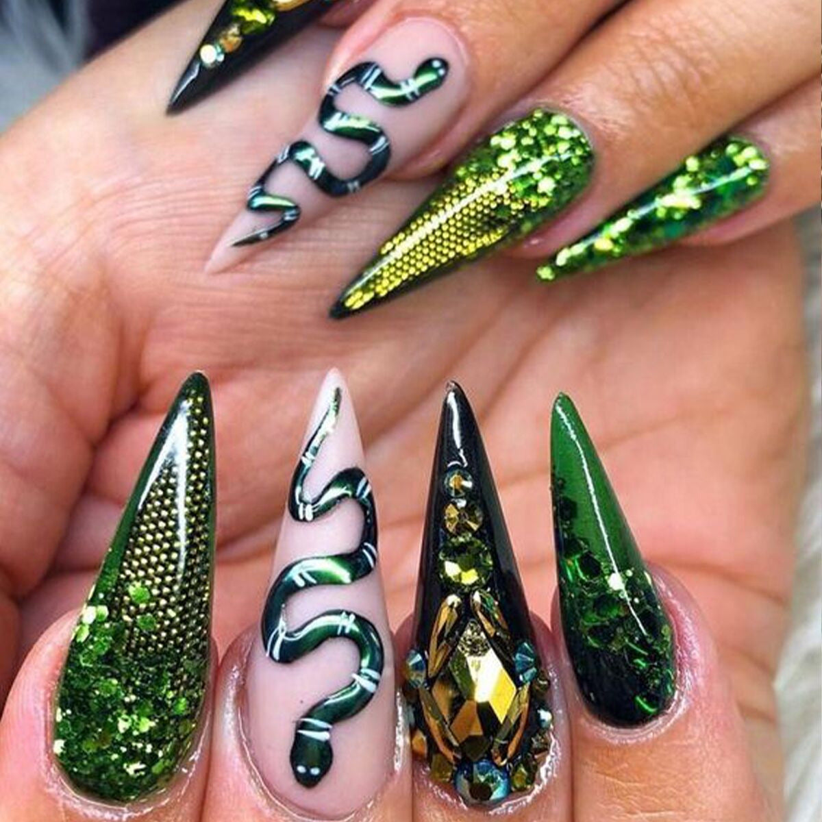 Shimmering Snake Print Mid-Length Nail Tips