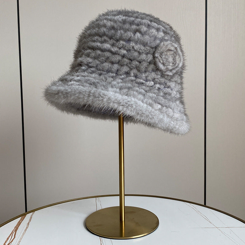 Warm Mink Fur Knit Bucket Hat - Winter Accessory