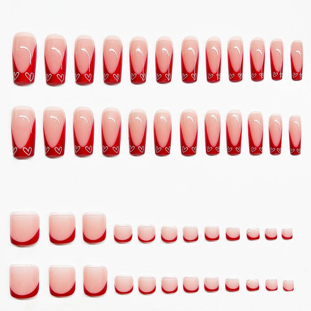 Sleek Red French Nails with Heart Fragments