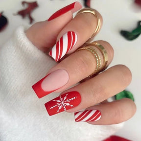 Christmas Red White French Snowflake Matte Removable Nails