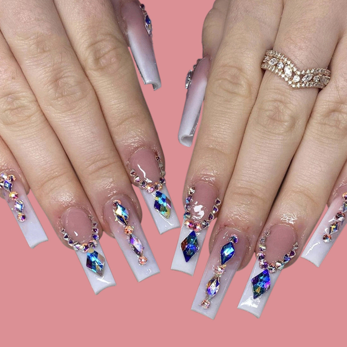 24-Piece Crystal-Encrusted Gradient Long Tapered Nail Tips