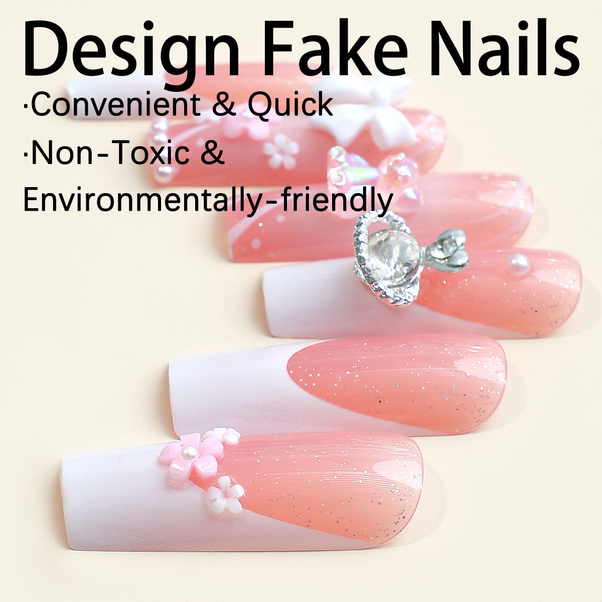 Removable Fairy Pink Nail Art with Floral French Edge