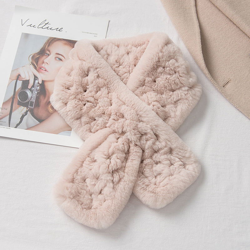 Real Rabbit Fur Scarf with Diamond Pattern - Winter Warmth