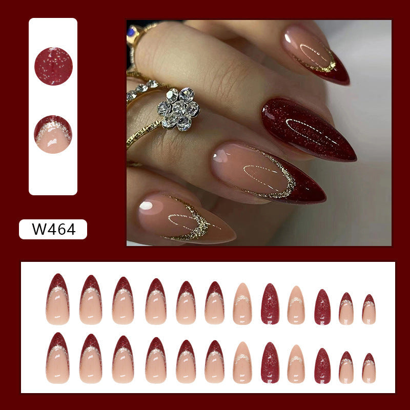 Flashy Wine Red New Year Bride Nails, Almond Shape with Champagne Glitter