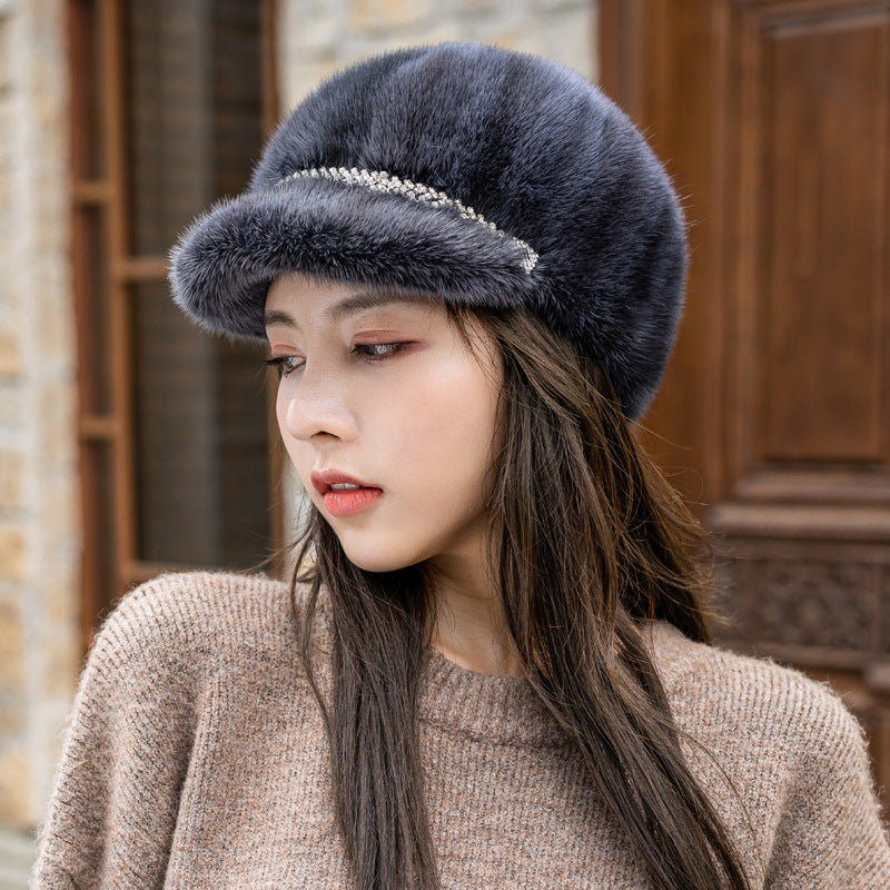 Winter Mink Fur Beret with Rhinestones - Stylish & Warm