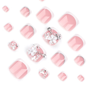 Classic French Pedicure Nail Art Tips with 3D Flowers and Pearls