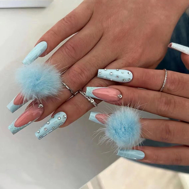 Cute Blue Fur Ball Ballet Fall Nails - Removable Acrylic Nail Tips