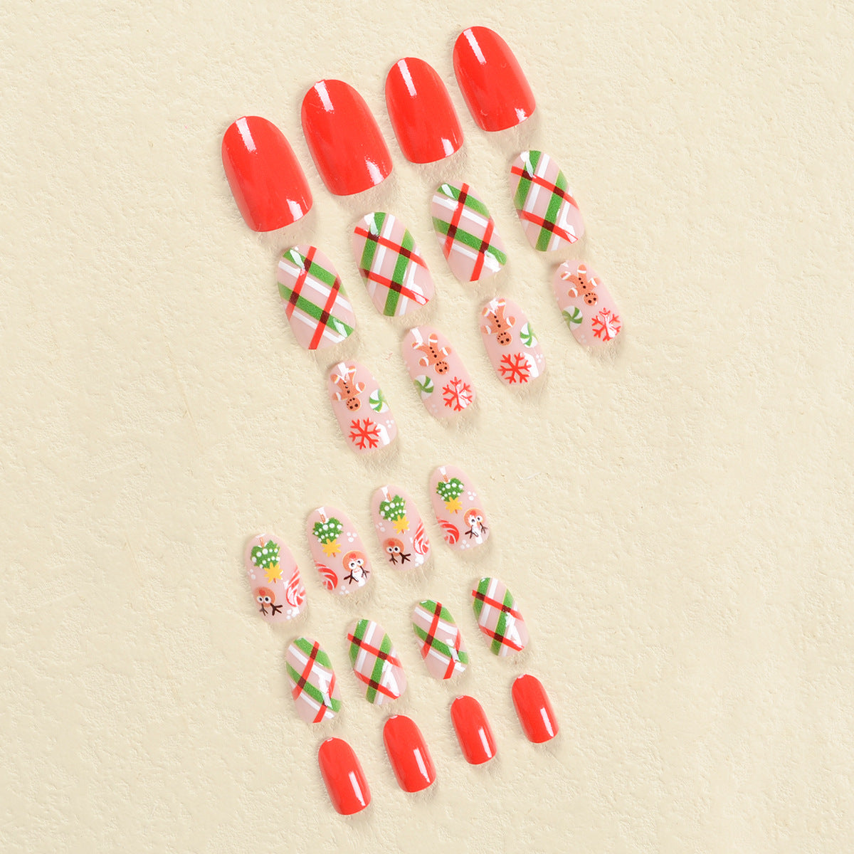 Cute Gingerbread Man and Candy Cane Christmas Nails, Red and White Stripes