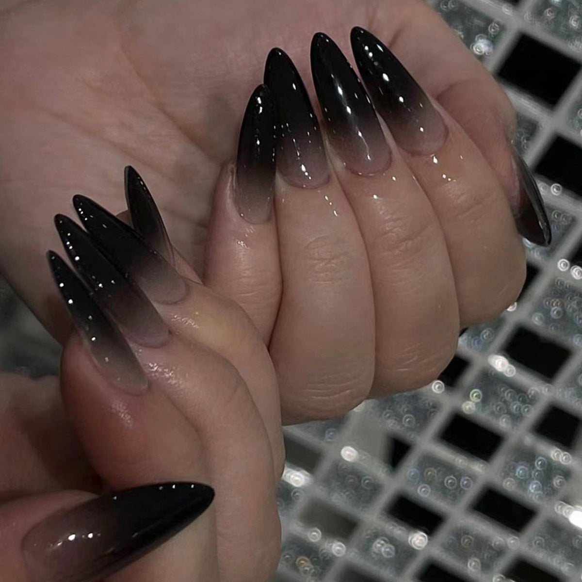 Black Gradient French Almond Nails for Halloween