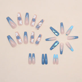 Blue French Long Ballet Wearable Nails Fresh Blue Diamond Fashion Euro Ins Style