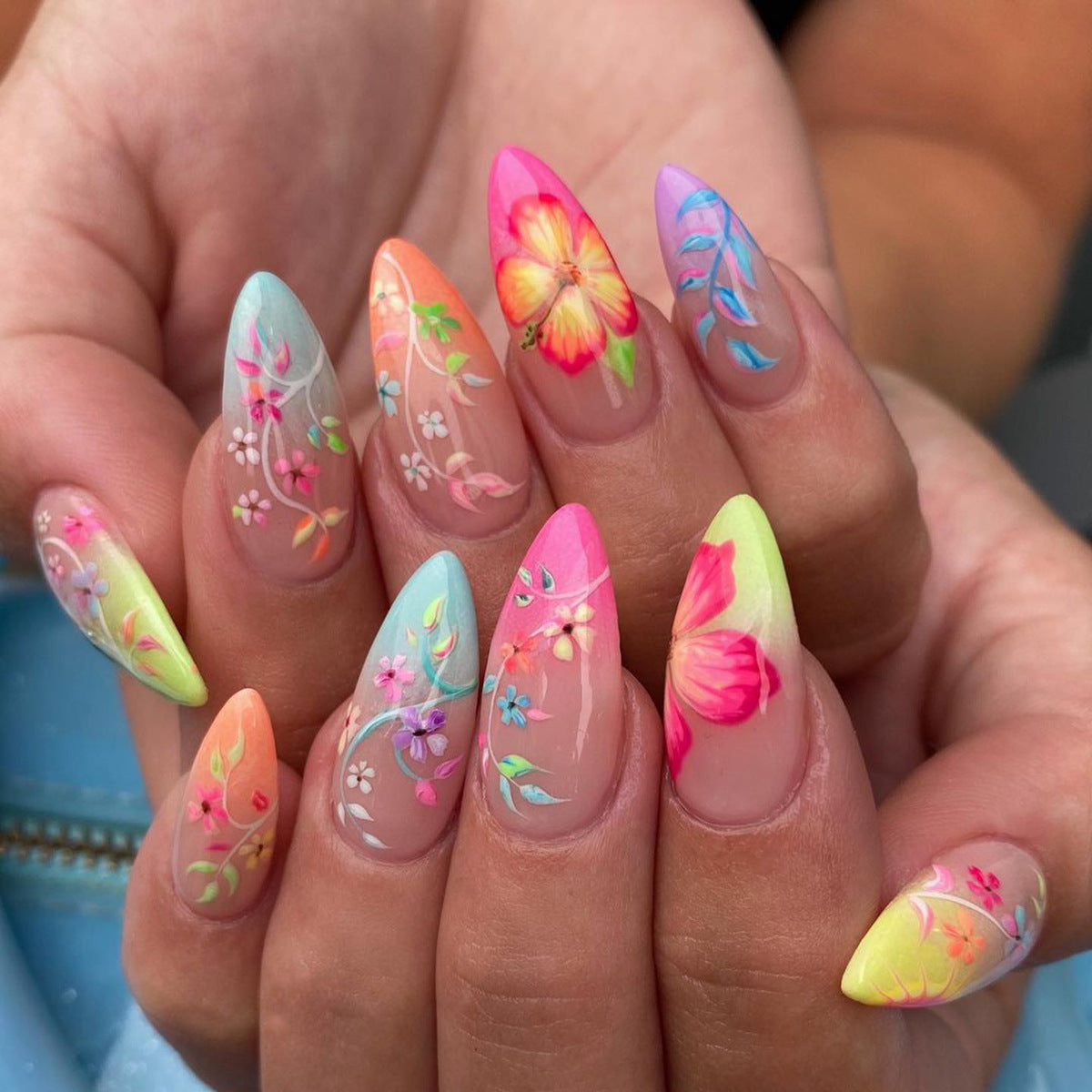 Rainbow Gradient and Flower Nails, Vibrant and Colorful