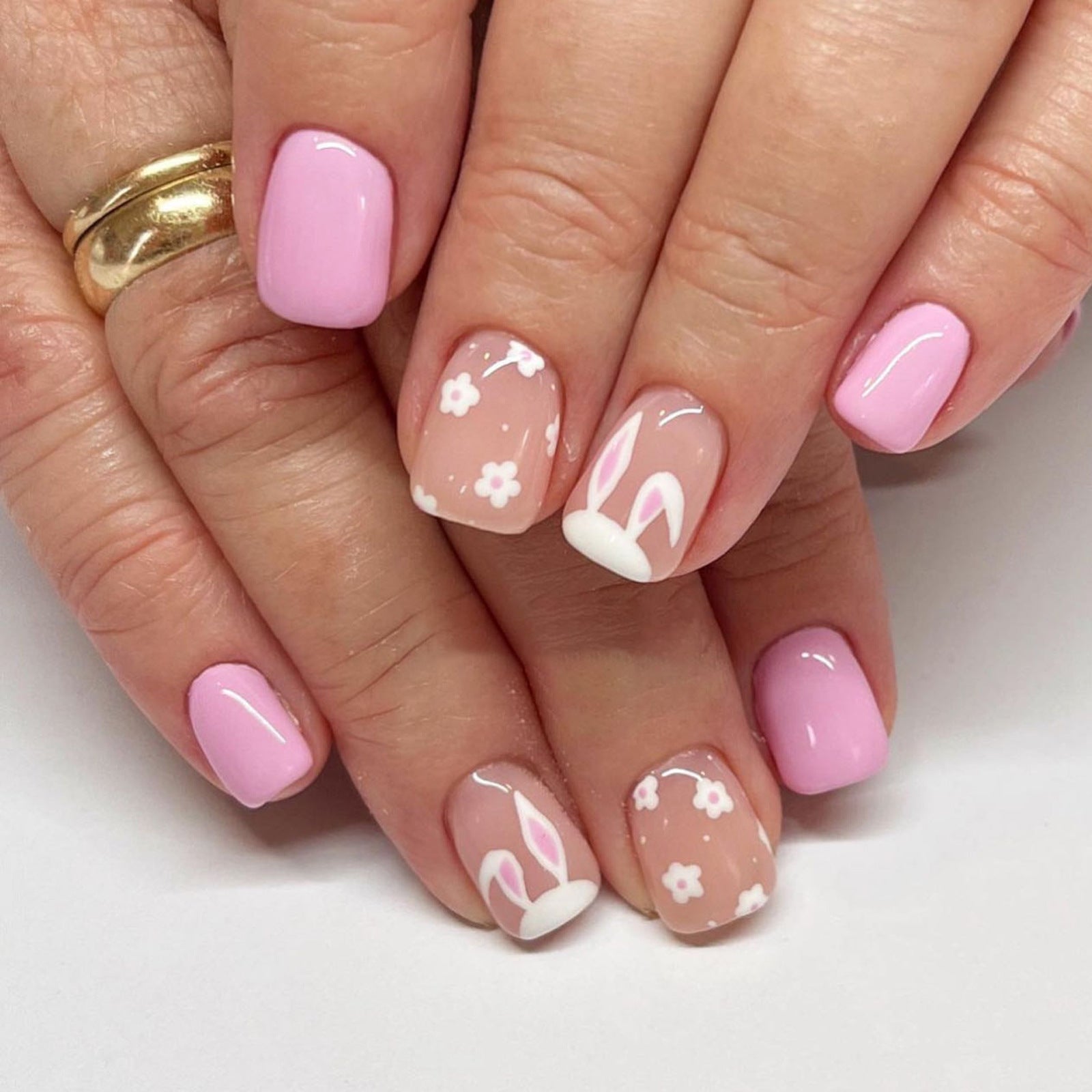 Easter Pink Shiny Flower Bunny Nails