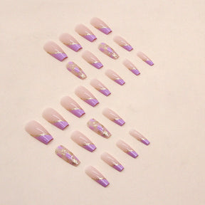 Simple Gold Foil Purple Nails Whitening French Super Glitter Wearable Nails Practice