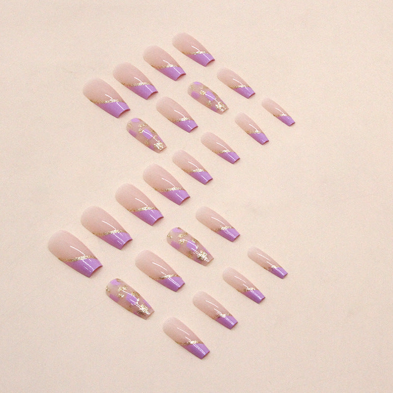 Simple Gold Foil Purple Nails Whitening French Super Glitter Wearable Nails Practice