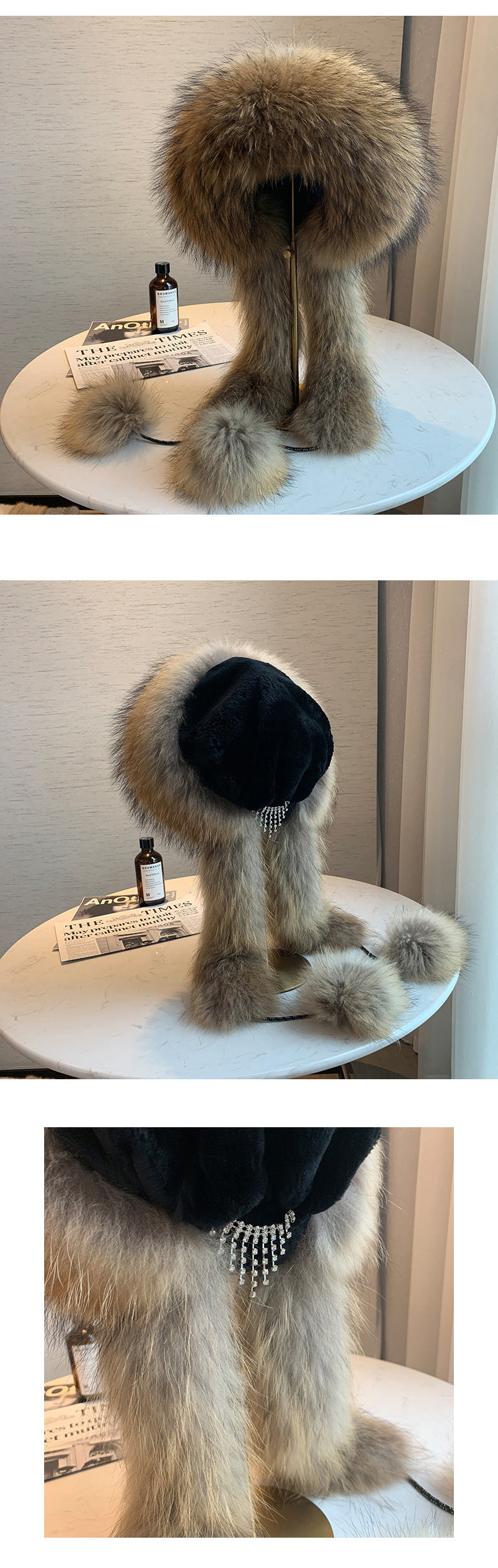 Winter Fox Fur Hat with Long Fringe and Pom Pom