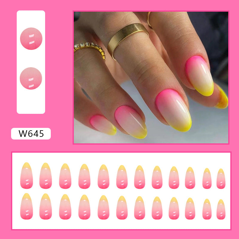 Summer Warm Bi-Color Pink Yellow Almond Nails Gradual Change Vibrant 24-Piece Boxed Wearable Nails