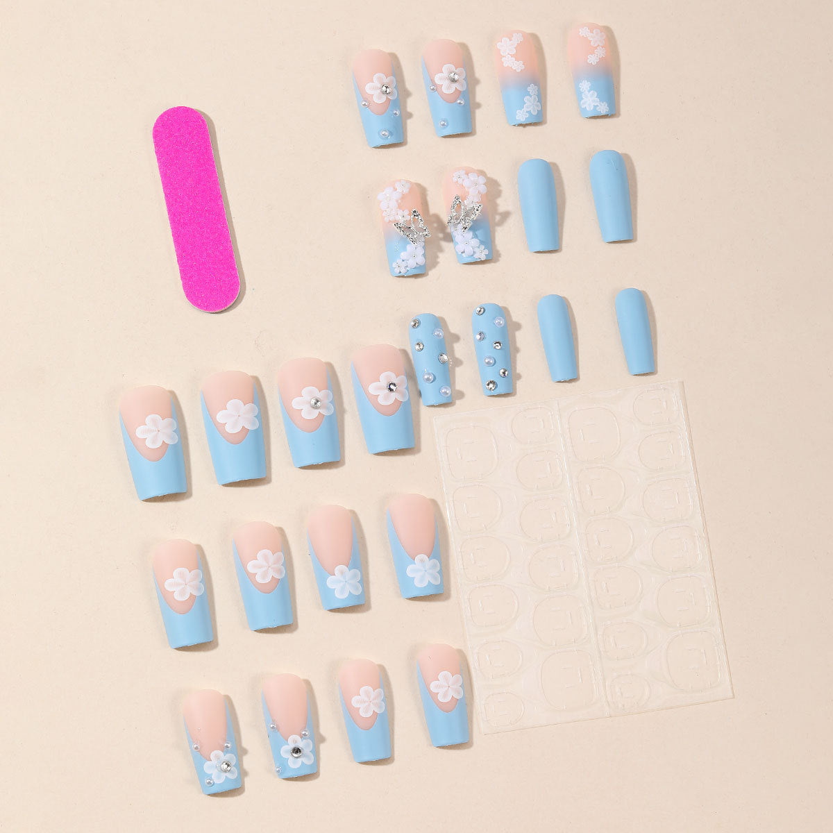 Sky Blue Flower Pearl 5-Petal 3D Butterfly Fresh Fake Nails