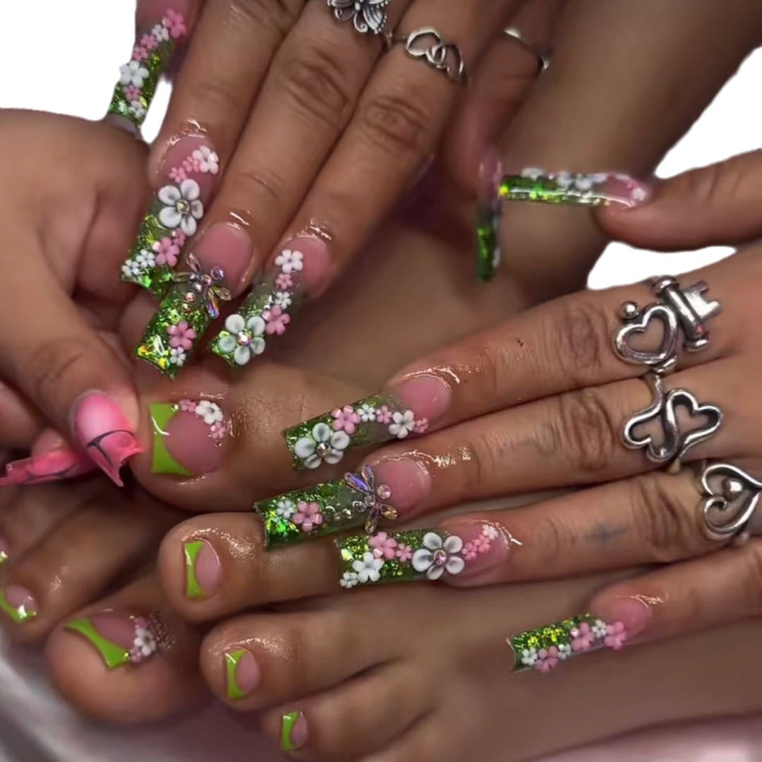 Rustic Green French Nails with Pink and White Flowers