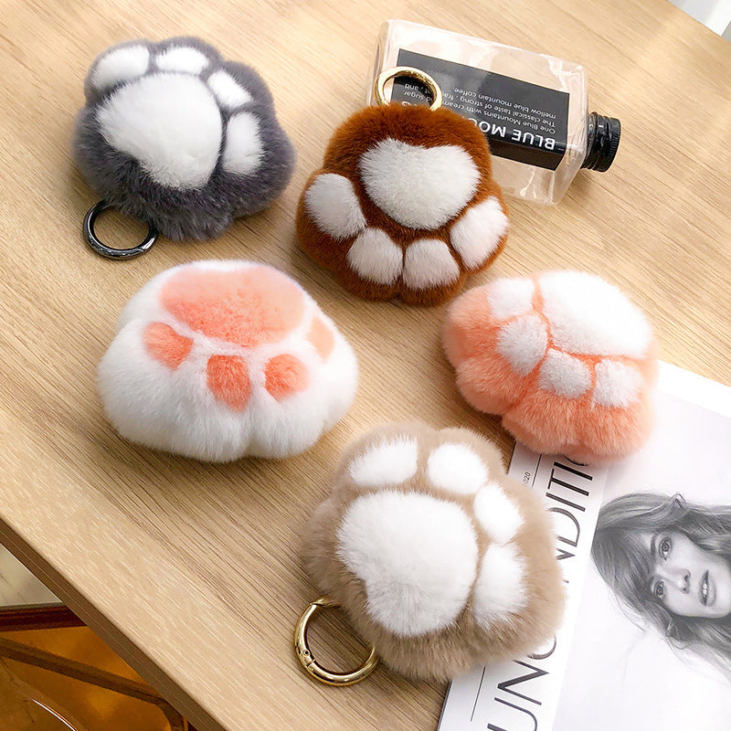 Cute Real Rabbit Fur Kitty Paw Keychain - Charm