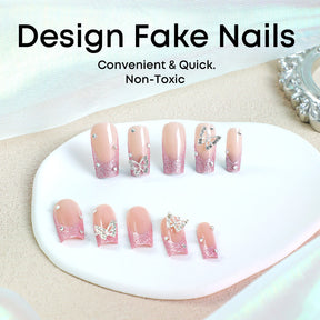 French Style Minimalist Butterfly Nail Tips with Crystal Accents