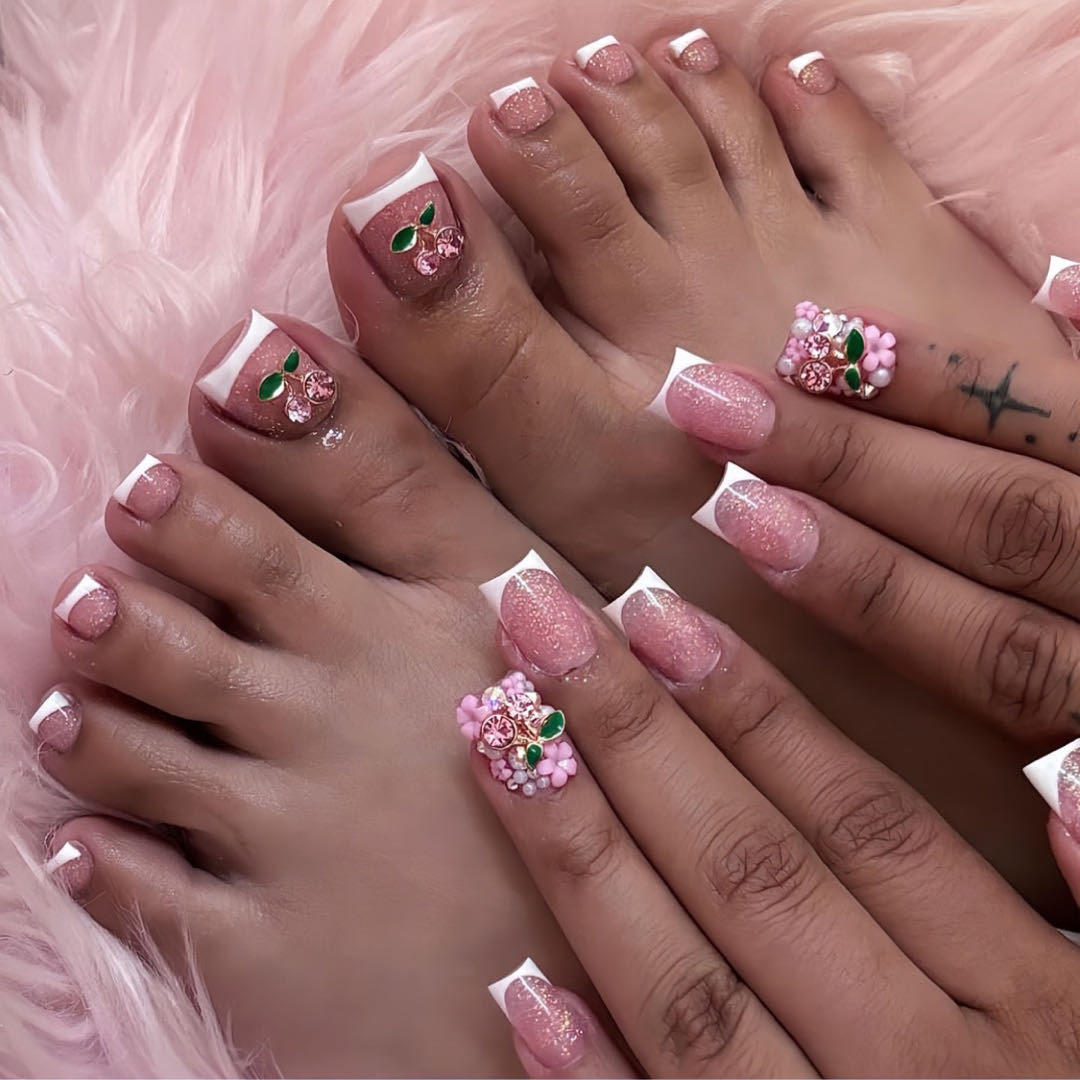 Versatile White Edge French Nails with Diamonds and Cherry Blossoms