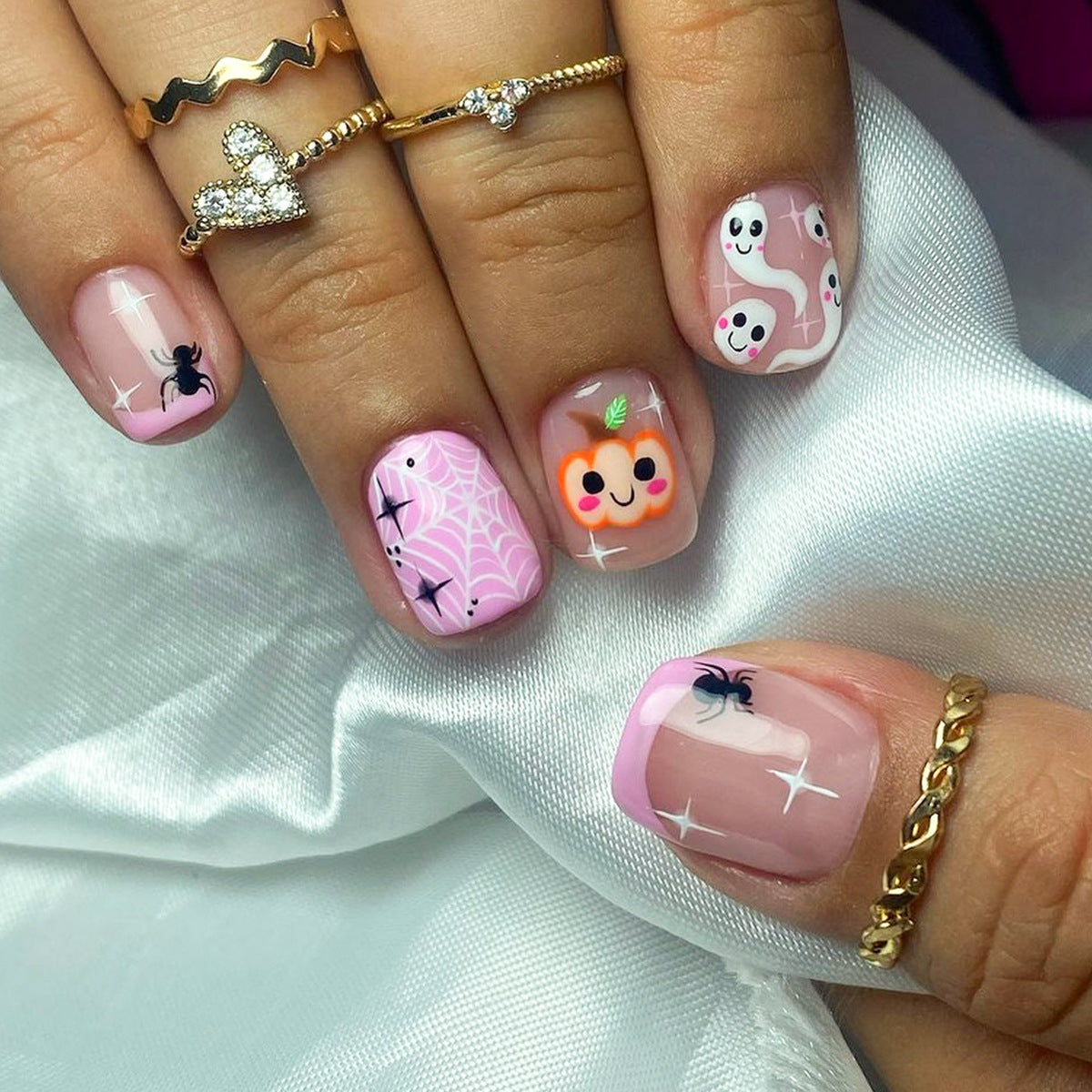 Cute Pumpkin and Black Spider Halloween Nails, Pink French Tip