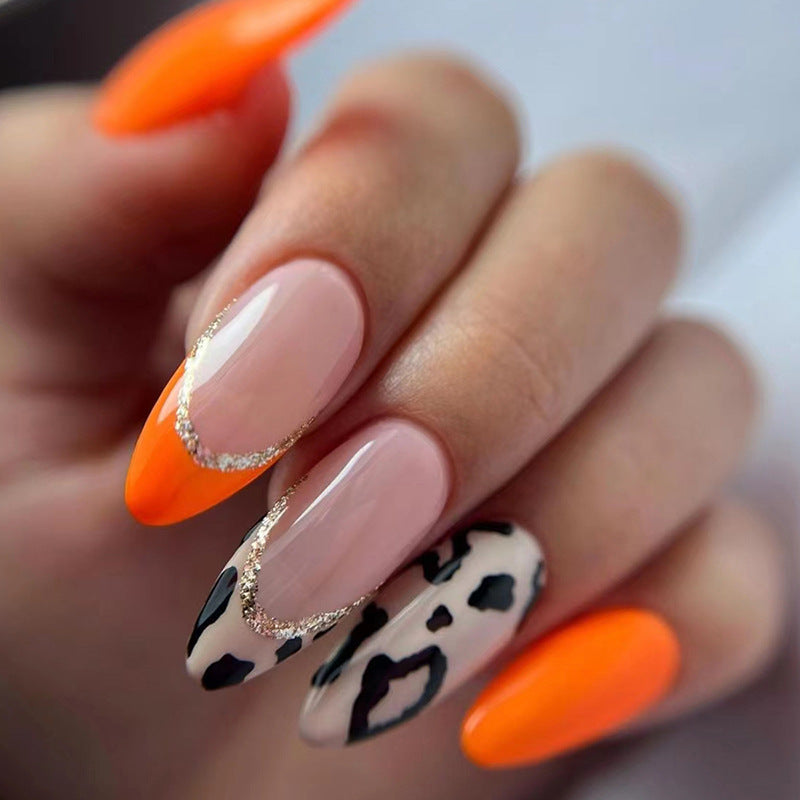 Trendy Pumpkin Orange French Glitter Leopard Nails Affordable