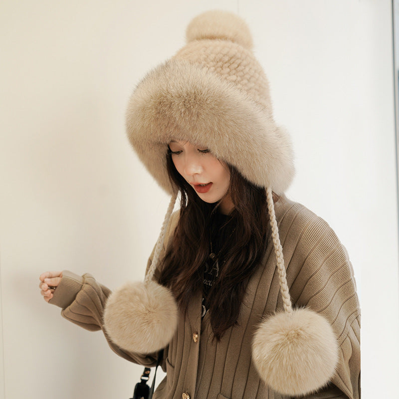 Women's Warm Faux Fur Lined Fox Ear Flap Hat with Real Rabbit Fur Pom Pom