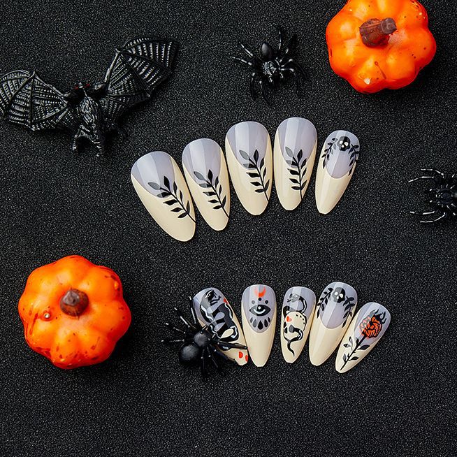 Dark Snake Rose Nails - Black Almond, Halloween Style