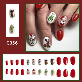 Shiny Short Christmas Nail Tips with Santa and Reindeer