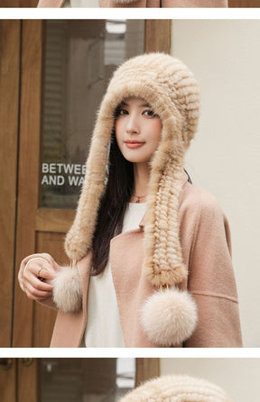 Warm Faux Mink Fur Hat with Fox Pom Pom