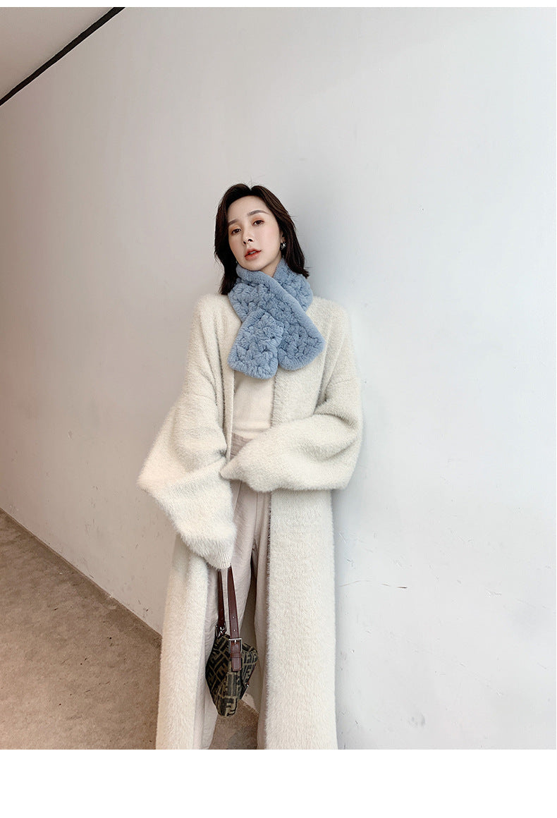 Real Rabbit Fur Scarf with Diamond Pattern - Winter Warmth