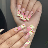 Removable Long Coffin French Nails with Colorful Flowers