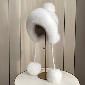 Women's Warm Faux Fur Lined Fox Ear Flap Hat with Real Rabbit Fur Pom Pom