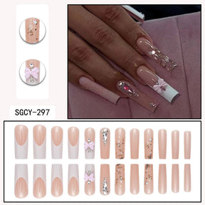 French Glitter Bow Nail Tips with Crystal Accents